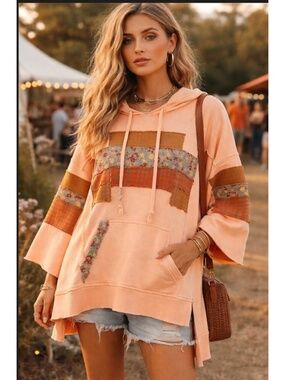 NEW EASEL CLOTHING WASHED TERRY KNIT PULLOVER HOODIE PATCHWORK SWEATSHIRT SMALL